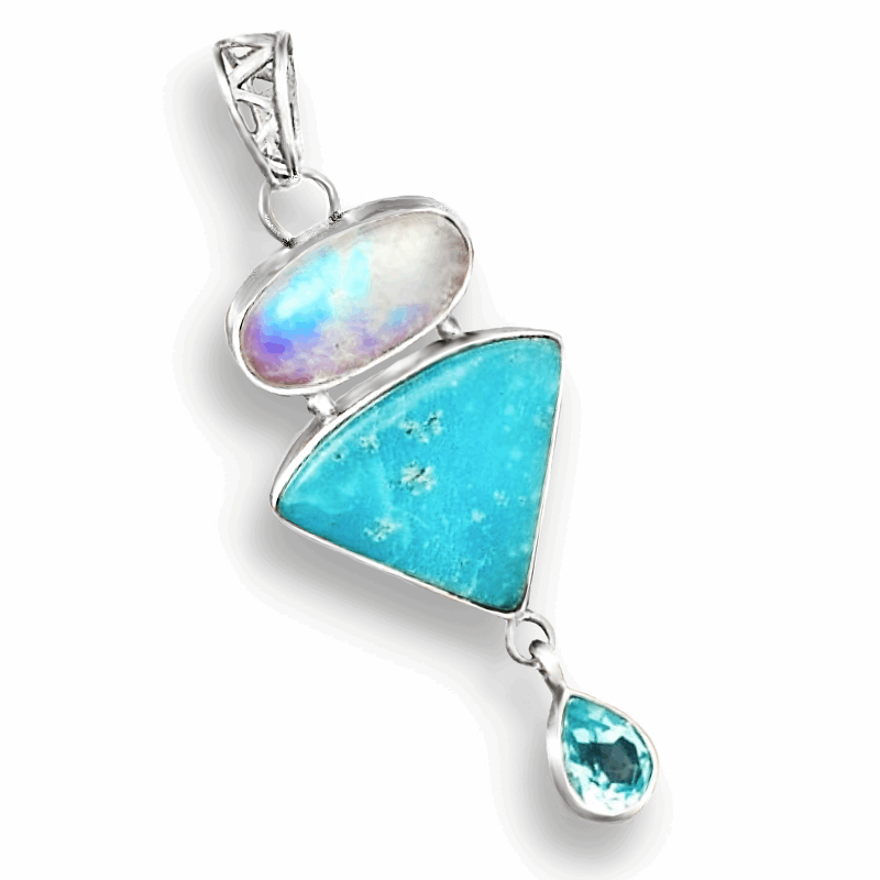 Natural Smithsonite, Moonstone, Blue Topaz Solid .925 Sterling Silver Pendant