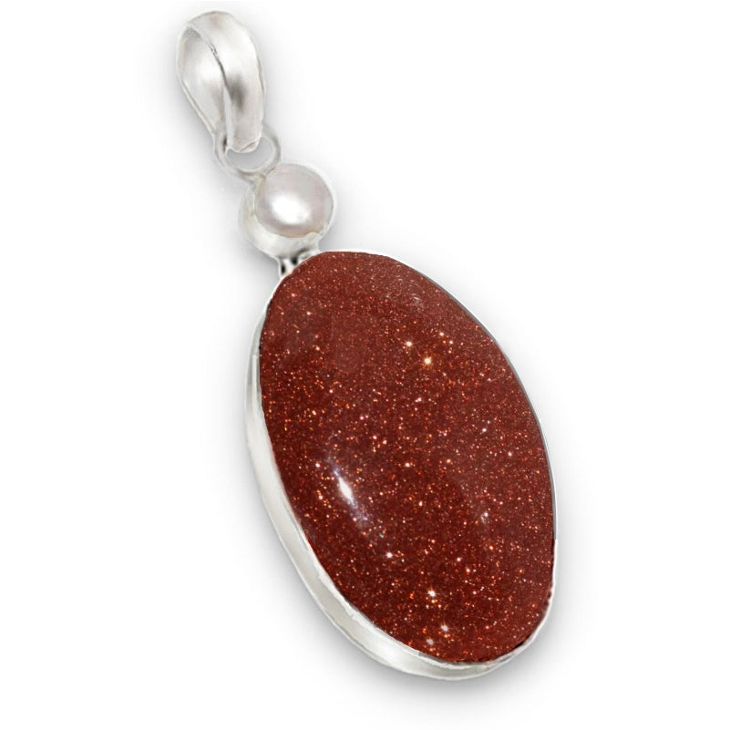 Shimmery Goldstone Sun Sitara, Pearl set in .925 Sterling Silver Pendant