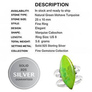 Natural Green Mohave Turquoise Marquise Shape Gemstone Solid .925 Silver Ring Size 8