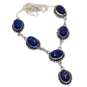 Natural Lapis Lazuli Oval Gemstones .925 Sterling Silver Necklace