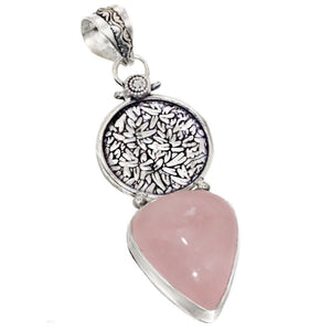 Natural Rose Quartz With Leaf Embossed Disk .925 Sterling Silver Pendant