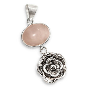 Natural Rose Quartz With Floral Charm .925 Sterling Silver Pendant