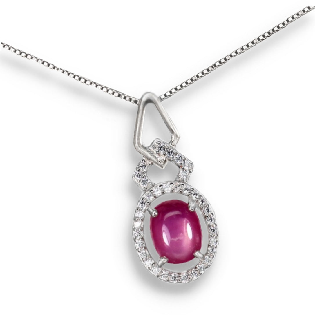 Deluxe Natural Red Pink Ruby and White CZ Gemstone Set in Solid .925 Sterling Silver Necklace