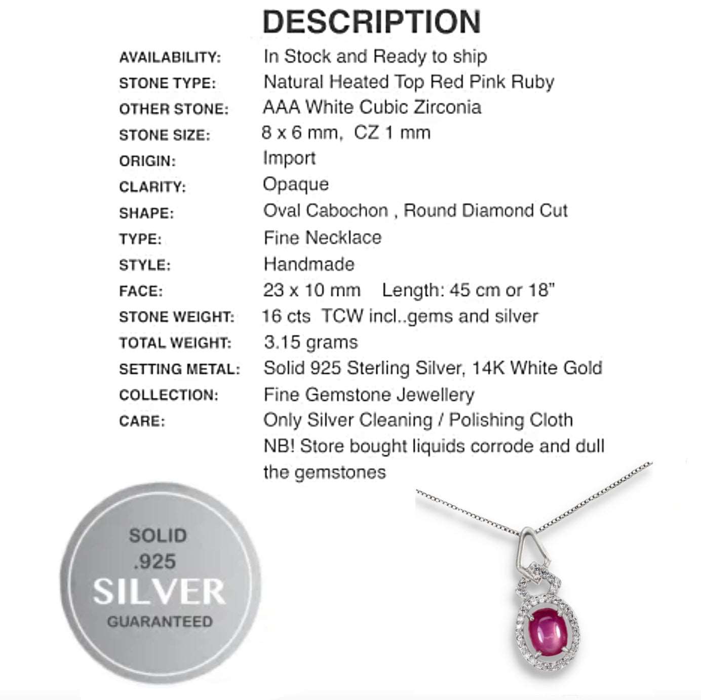 Deluxe Natural Red Pink Ruby and White CZ Gemstone Set in Solid .925 Sterling Silver Necklace