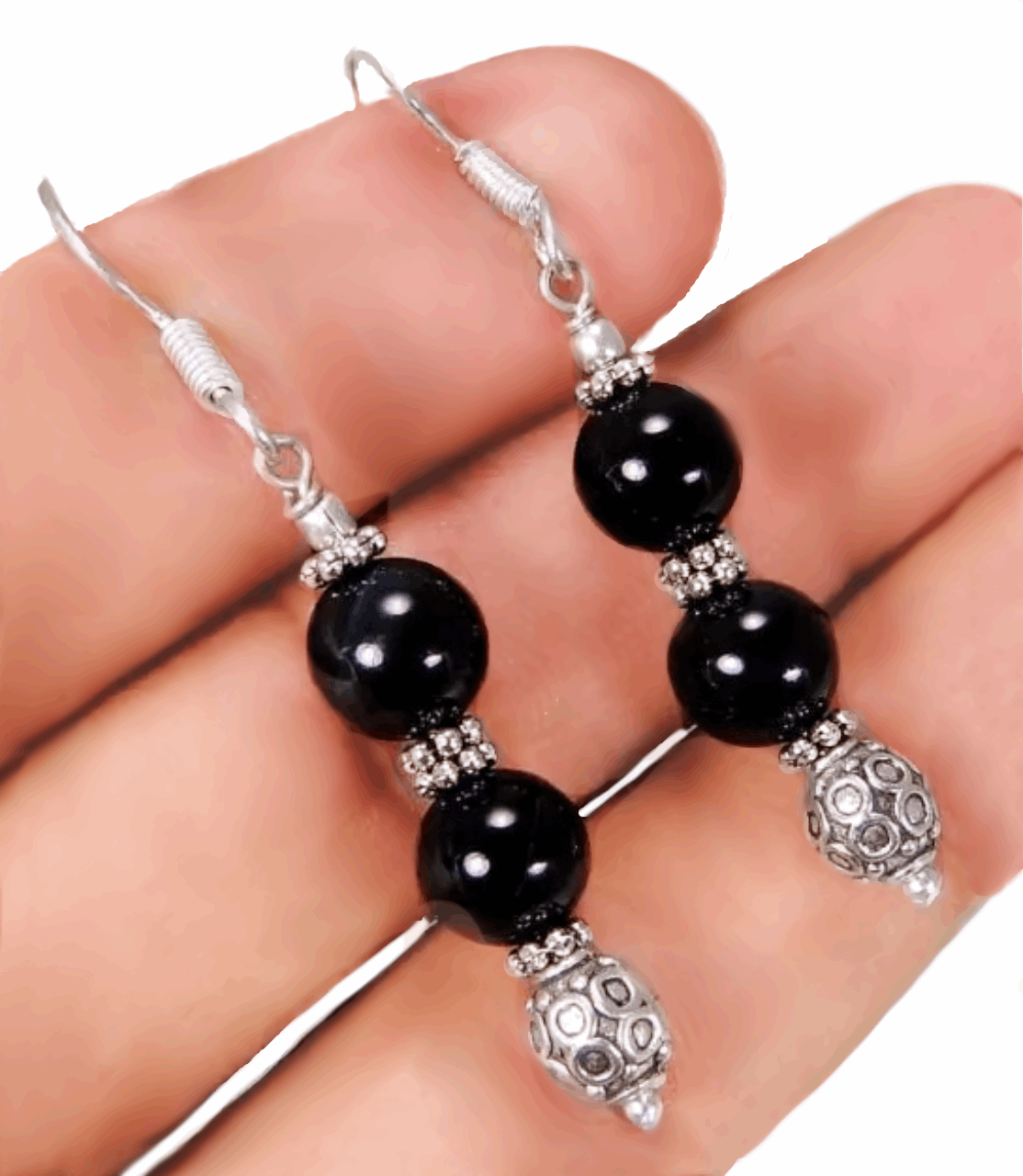 Handmade Natural Black Onyx, Gemstone Silver Earrings - BELLADONNA