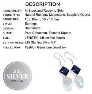 Elegant Natural Round Rainbow Moonstone, Sapphire Quartz Gemstone .925 Silver Earrings