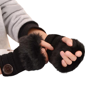 Winter Warm Knitted Half-Finger Faux Fur Gloves with Button Detail - BELLADONNA