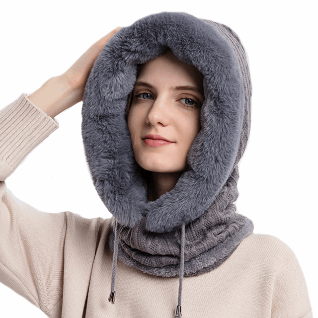 Warm Knit and Thick Plush Fleece Windproof Hooded Scarf - BELLADONNA