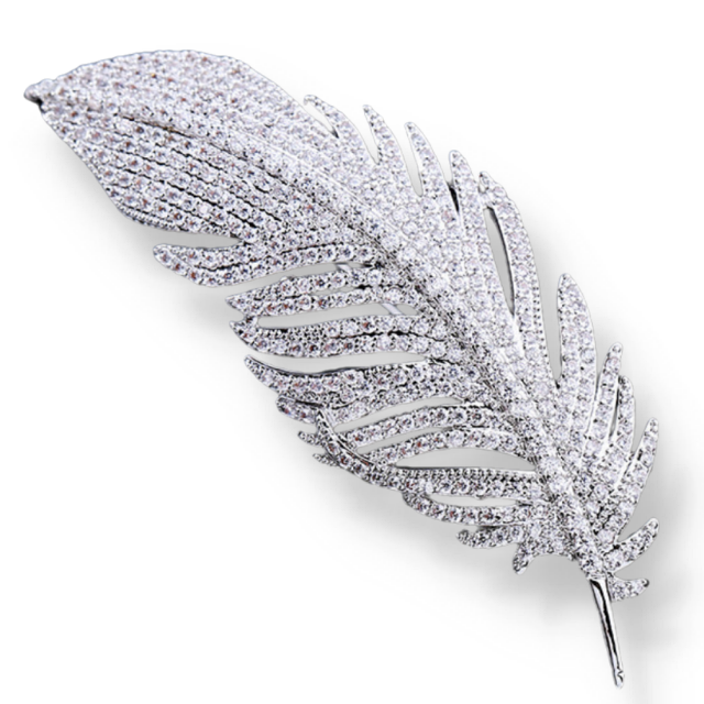 Women's Elegant Micro-inlaid White Zirconia Feather Brooch for Garments and Accessories - BELLADONNA