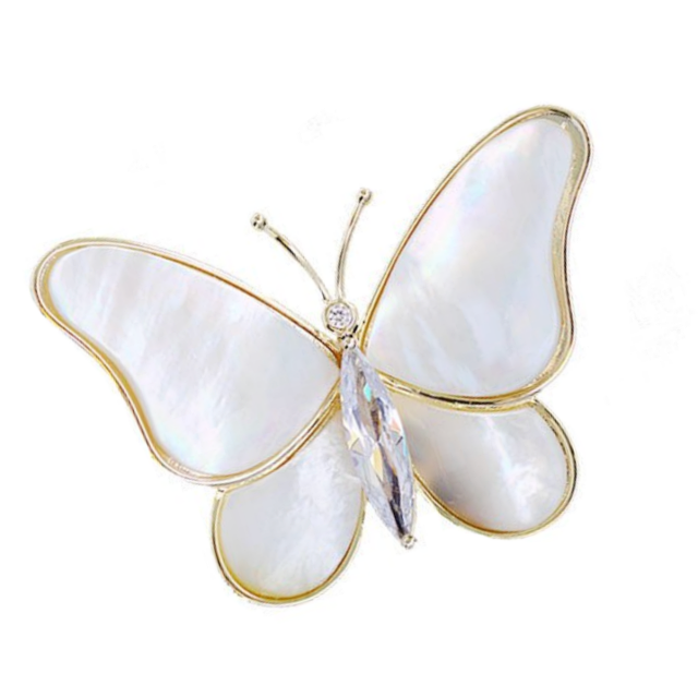 Women's Mother of Pearl and White Zirconia Butterfly Brooch For Scarf or Shawl - BELLADONNA