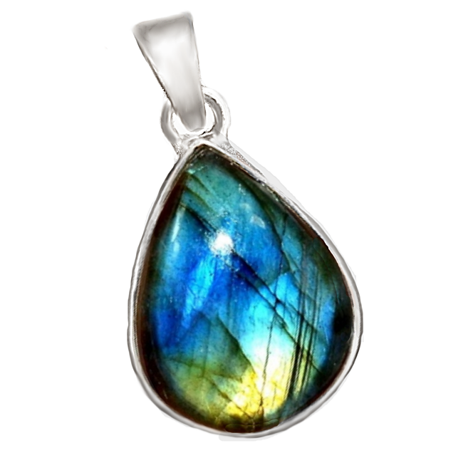 Natural Multi Fire Labradorite Pear Gemstone set in Solid .925 Silver Sterling Pendant