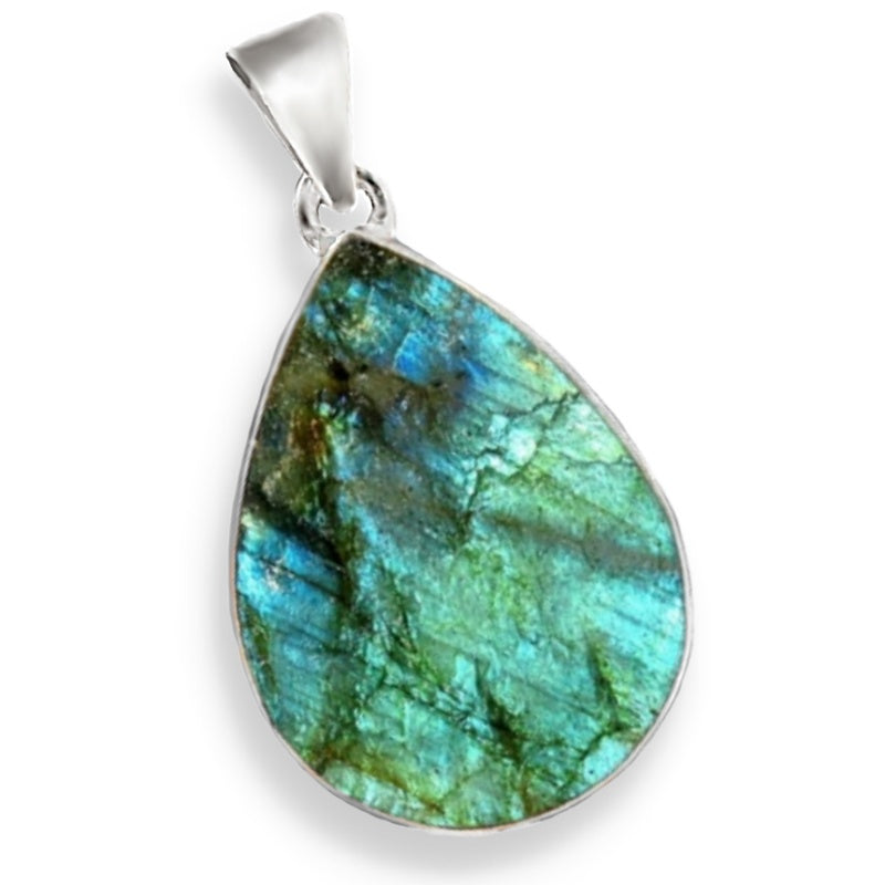 Natural Blue Fire Rough Labradorite Pear Gemstone set in Solid .925 Silver Sterling Pendant