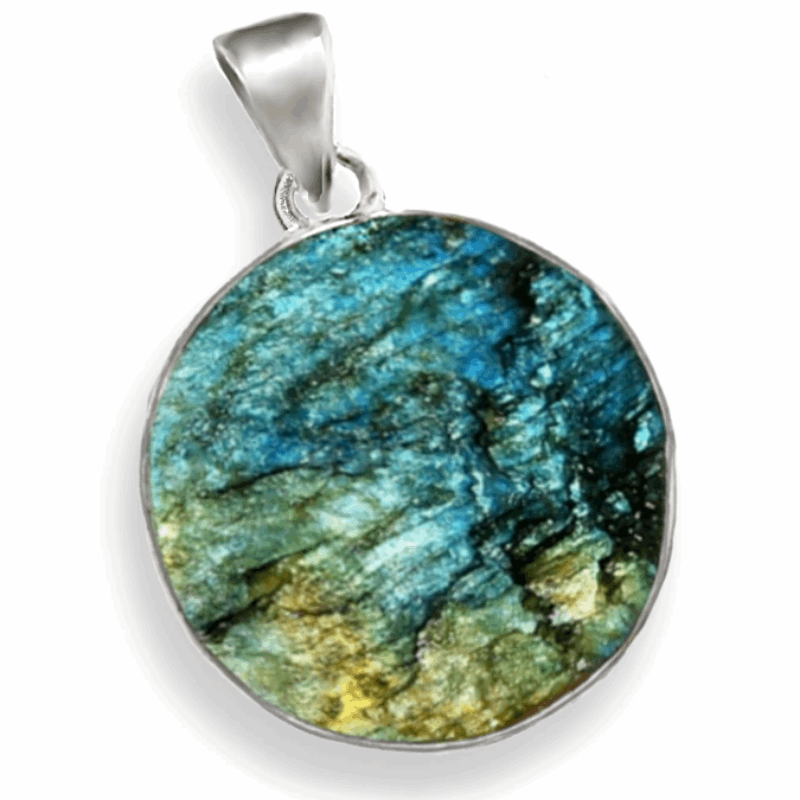 Natural Blue Fire Rough Labradorite Round Gemstone set in Solid .925 Silver Sterling Pendant