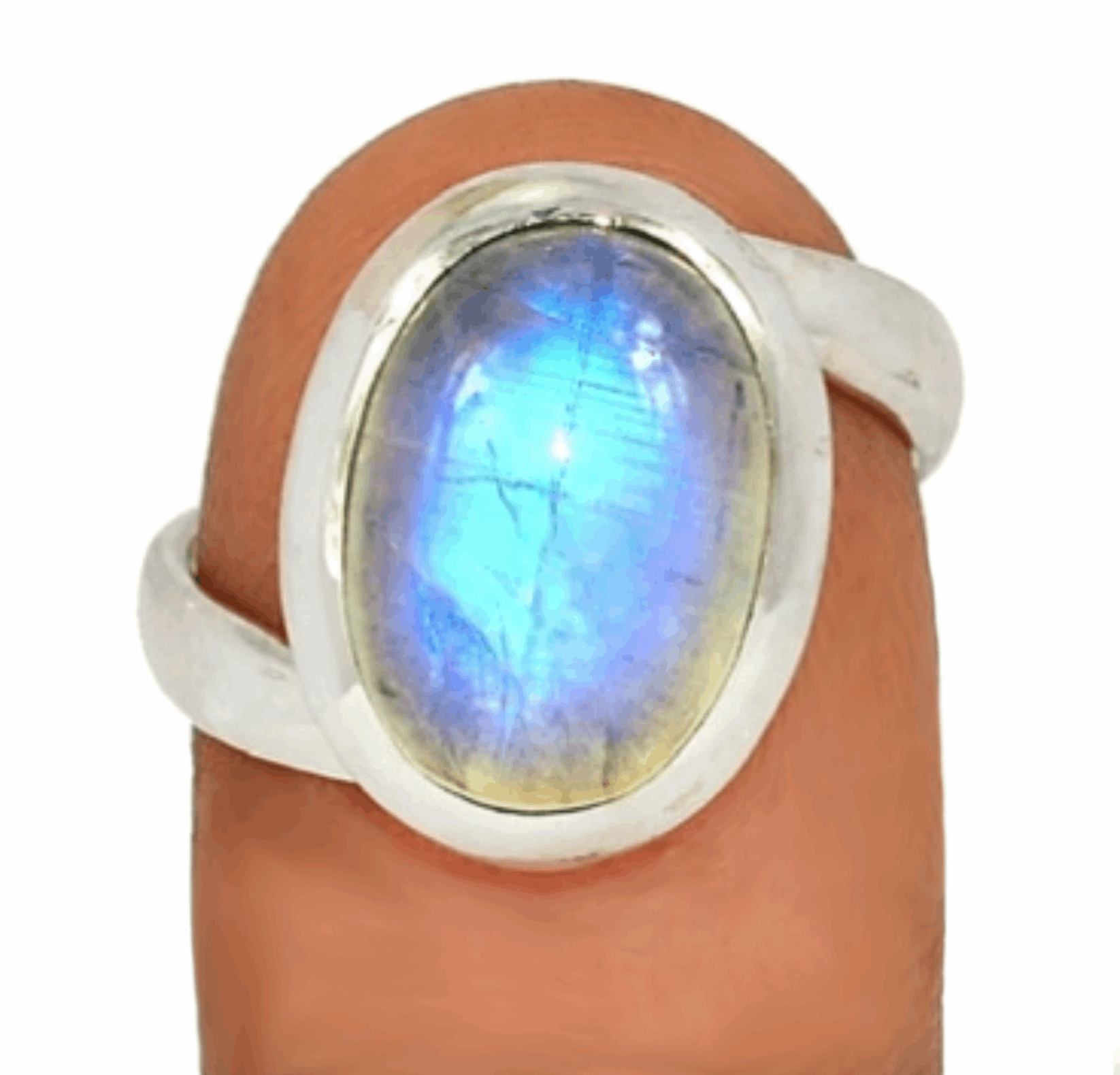 Natural Blue Schiller Rainbow Moonstone Solid .925 Sterling Silver Ring Size US 7 or O