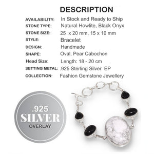 Natural Howlite And Black Onyx Gemstone .925 Sterling Silver Bracelet