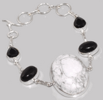 Natural Howlite And Black Onyx Gemstone .925 Sterling Silver Bracelet