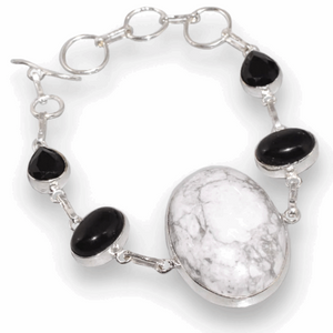 Natural Howlite And Black Onyx Gemstone .925 Sterling Silver Bracelet