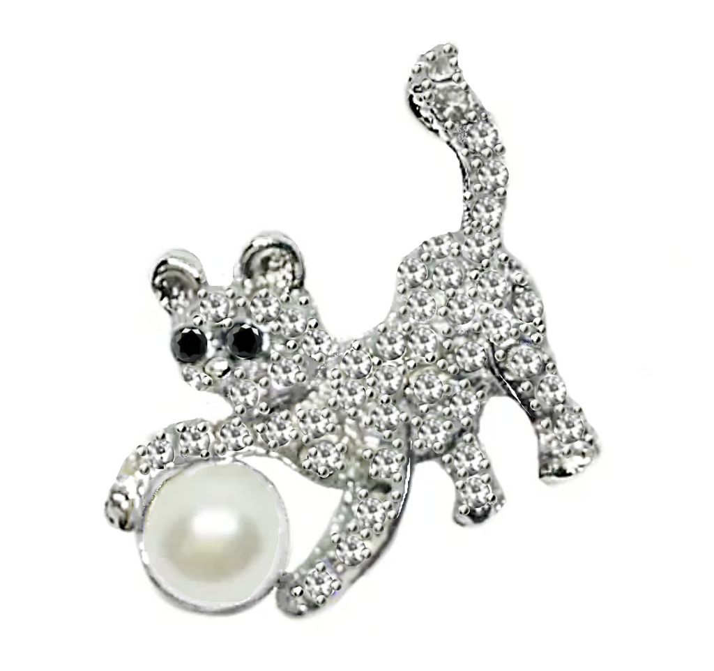 Sparkly White and Black Cubic Zirconia and Pearl Playful Feline Silver Plated Brooch