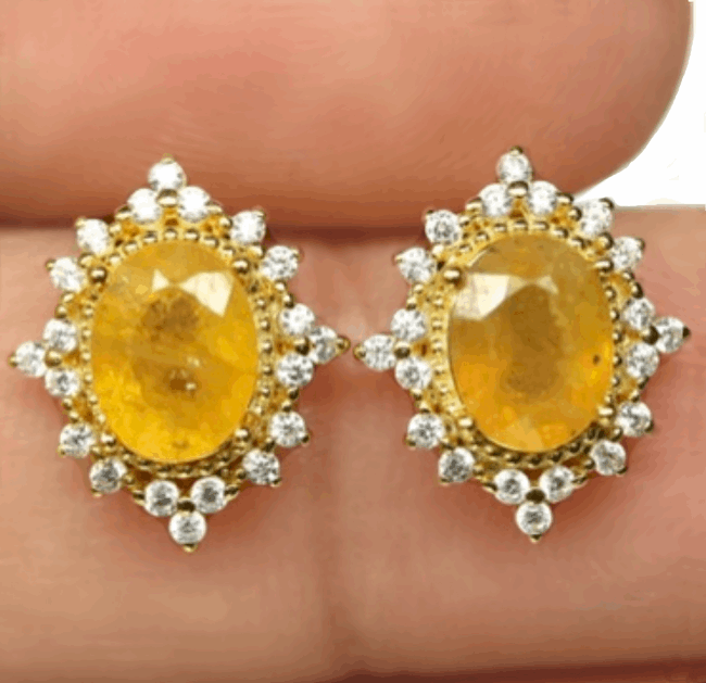 Natural Heated Oval Yellow Sapphire in Solid 925 Sterling Silver 18K Yellow Gold Stud Earrings