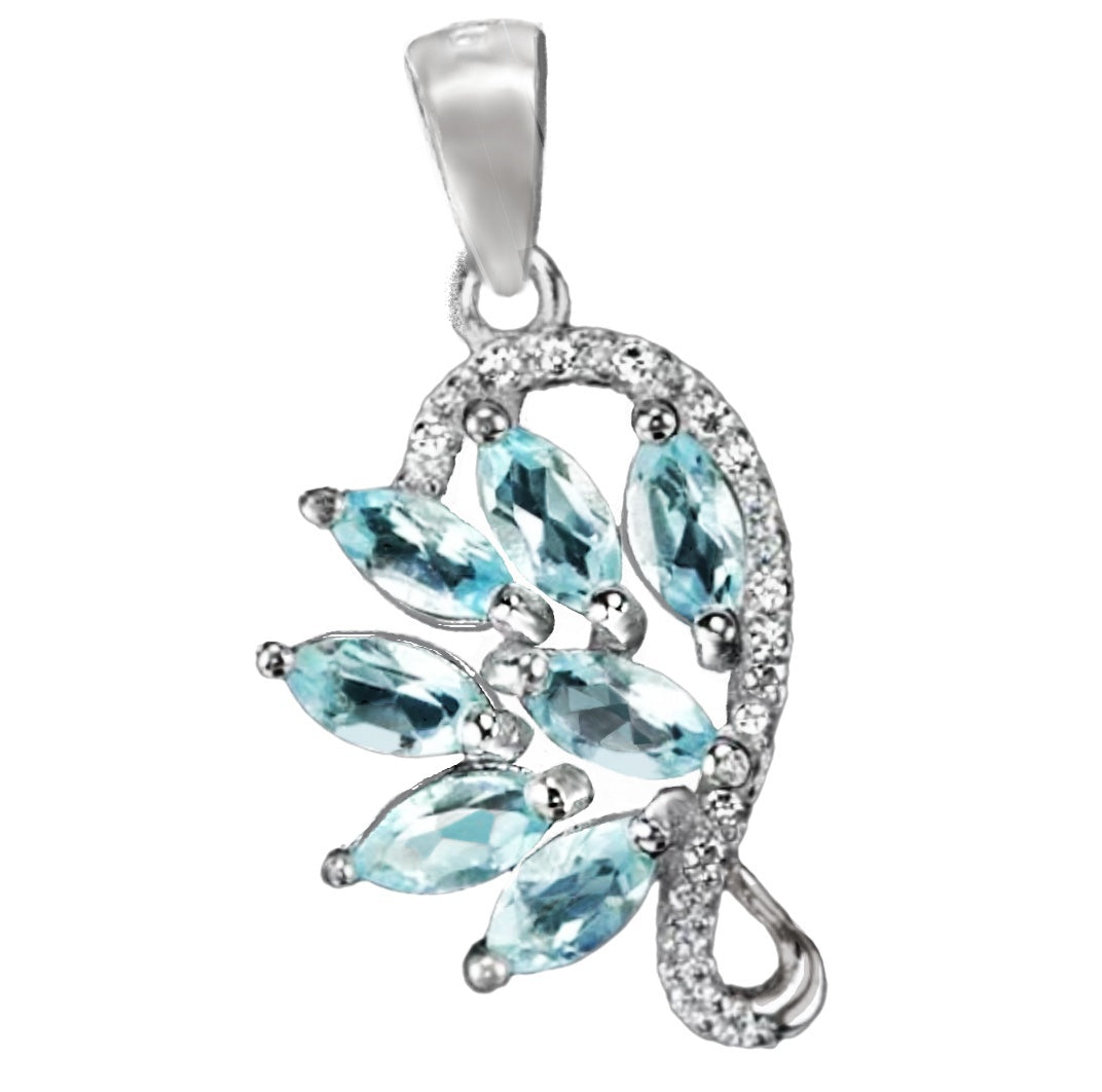 Top Grade Natural AAA Sky Blue Topaz, White Cubic Zirconia Solid .925 Sterling Silver Pendant