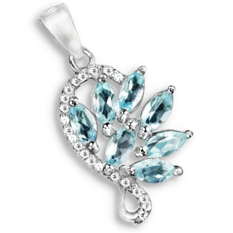 Top Grade Natural AAA Sky Blue Topaz, White Cubic Zirconia Solid .925 Sterling Silver Pendant