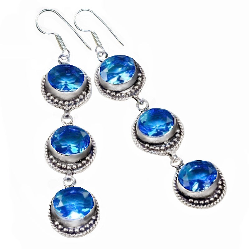 Handmade Antique Style Blue Topaz Gemstone Long 925 Sterling Silver Earrings