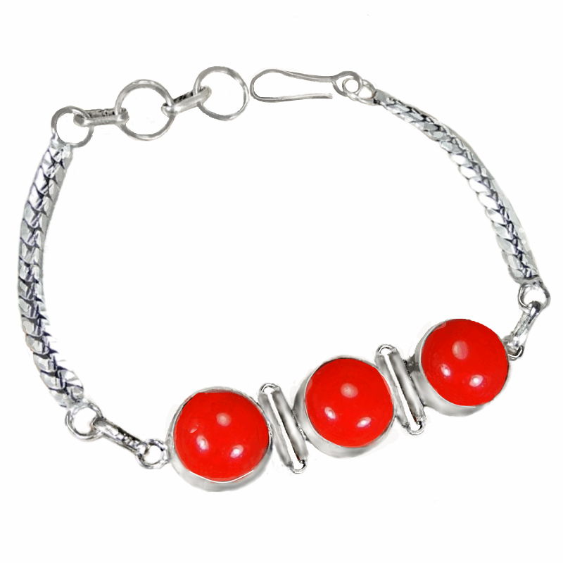 Handmade Red Coral Ovals Gemstone .925 Sterling Silver Bracelet