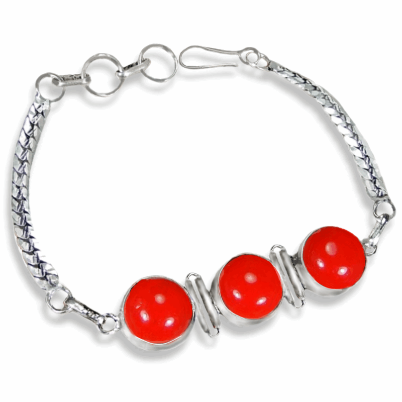 Handmade Red Coral Ovals Gemstone .925 Sterling Silver Bracelet