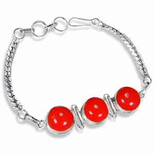 Handmade Red Coral Ovals Gemstone .925 Sterling Silver Bracelet