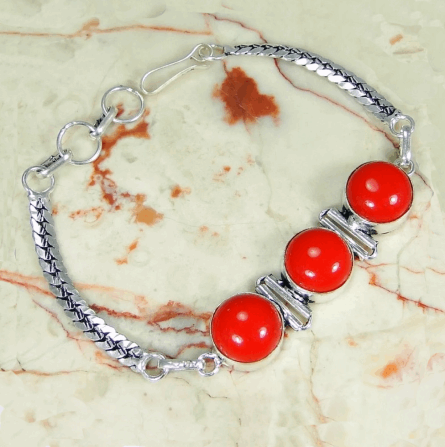 Handmade Red Coral Ovals Gemstone .925 Sterling Silver Bracelet