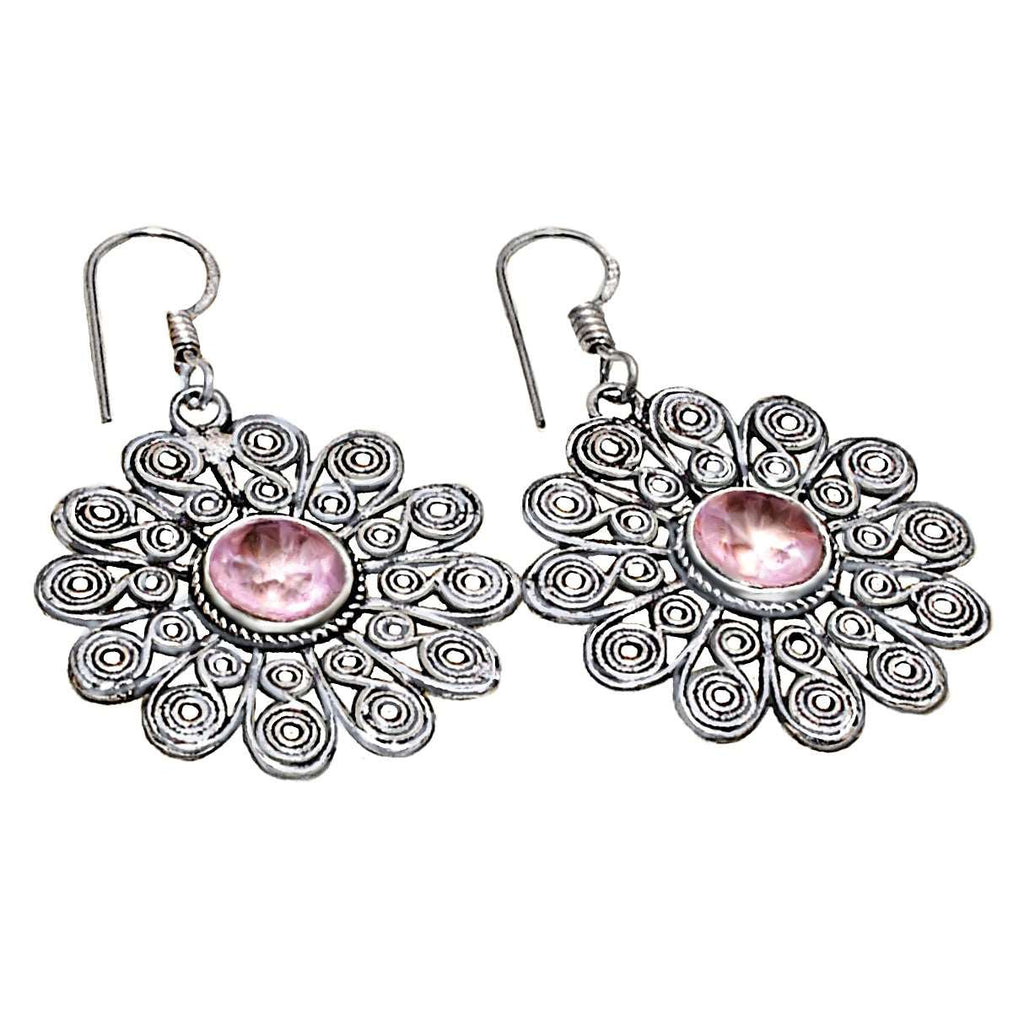 Indonesian -Bali Handmade Pink Topaz Gemstones .925 Silver Drop Dangle Earrings