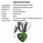 Handmade Green Floral Murano Glass Heart Pendant on Black Organza and Chord Necklace