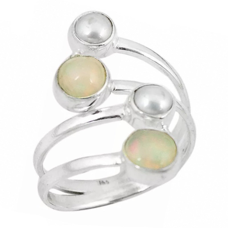 Handmade Ethiopian Fire Opal, White Pearl Gemstone Solid .925 Sterling Ring Size 8 /Q