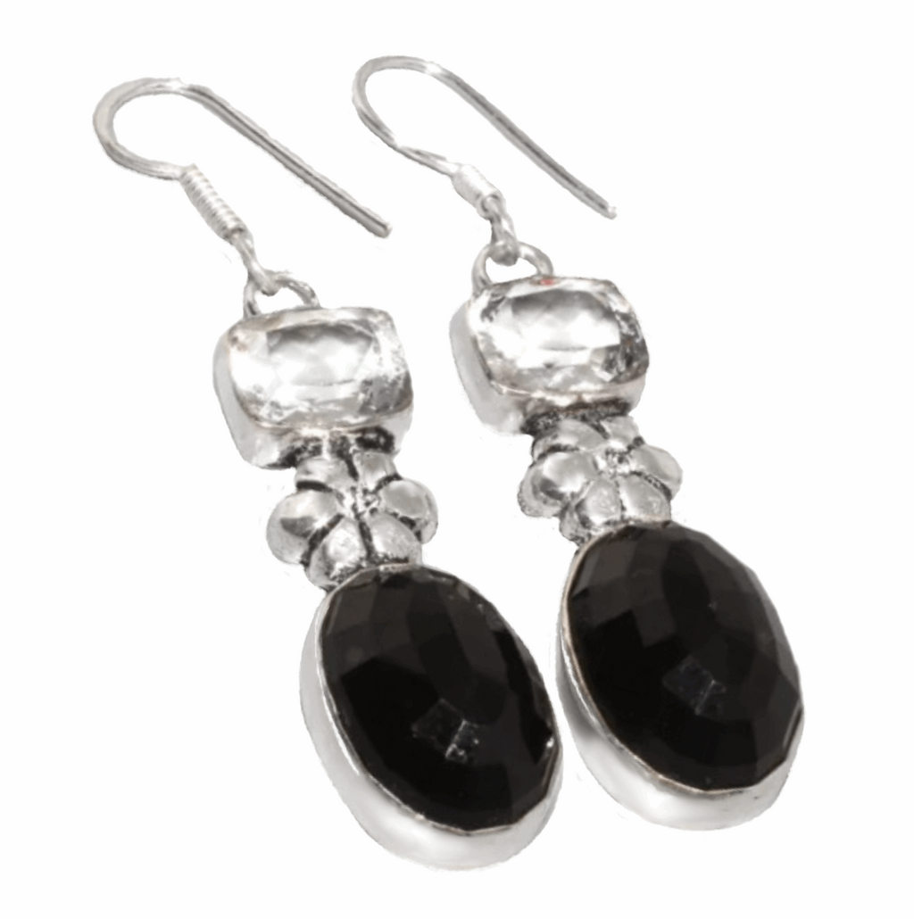 Handmade Black Onyx & White Topaz Gemstone and Floral Accent .925 Silver Earrings