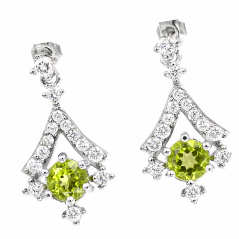 Deluxe Natural Peridot, White Cubic Zirconia Gemstone Solid .925 Sterling Silver Earrings