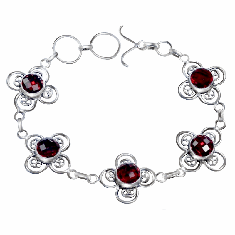 Pretty Floral Fine Cut Faceted Garnet Quartz Gemstone .925 Silver Fashion Bracelet