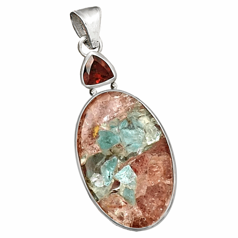 Natural Aquamarine in Sunstone, Garnet set in Solid .925 Sterling Silver Pendant