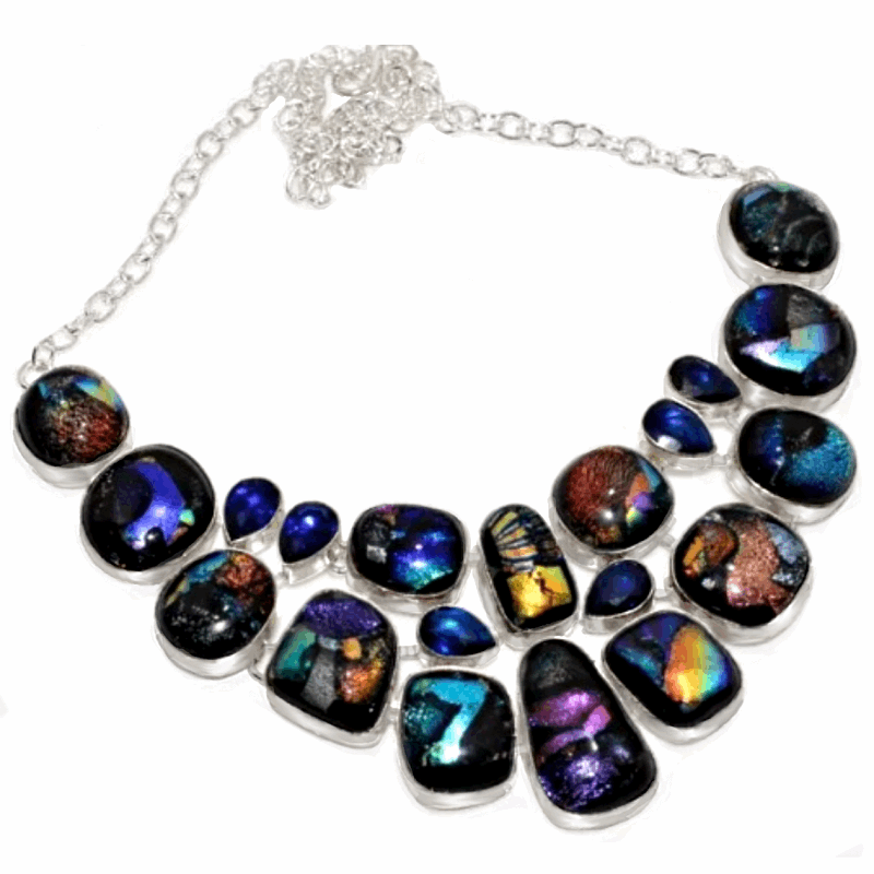 Handmade Fancy Dichroic Glass, Sapphire Quartz .925 Sterling Silver Necklace