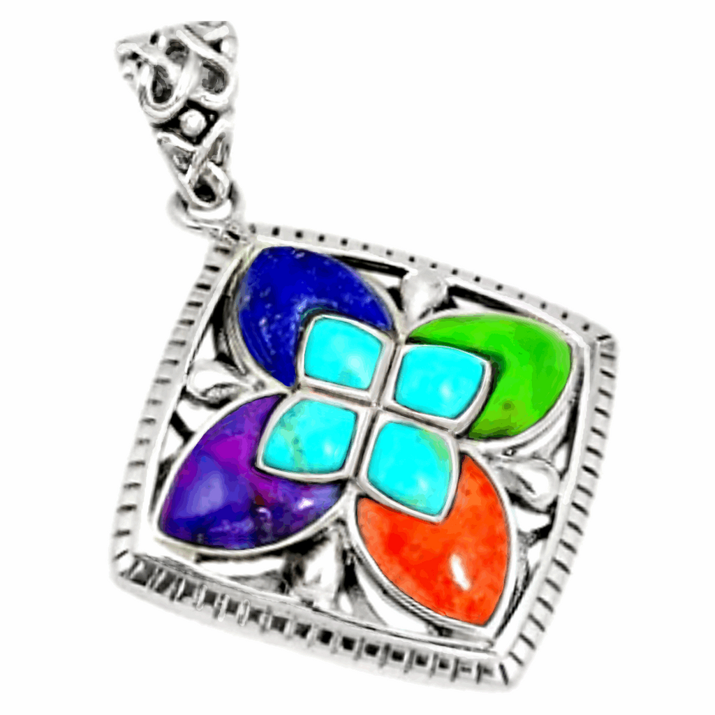 Exquisite Handmade Ornate Natural Arizona Turquoise Gemstones set in Solid .925 Sterling Silver Pendant