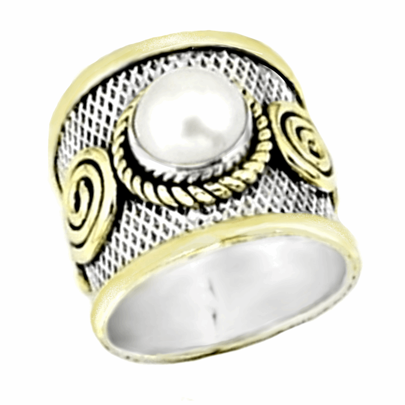 Victorian Two Tone Natural White Pearl Solid .925 Silver Ring Size 8.5 or Q1/2