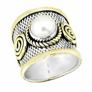Victorian Two Tone Natural White Pearl Solid .925 Silver Ring Size 8.5 or Q1/2