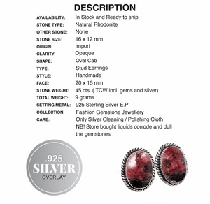 Natural Rhodonite Oval Gemstone 925 Sterling Silver Stud Earrings