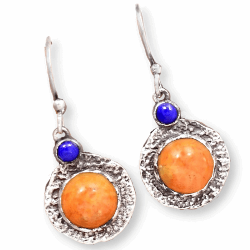 Israeli New Arrival Natural Italian Coral, Lapis Lazuli Solid .925 Sterling Silver Earrings