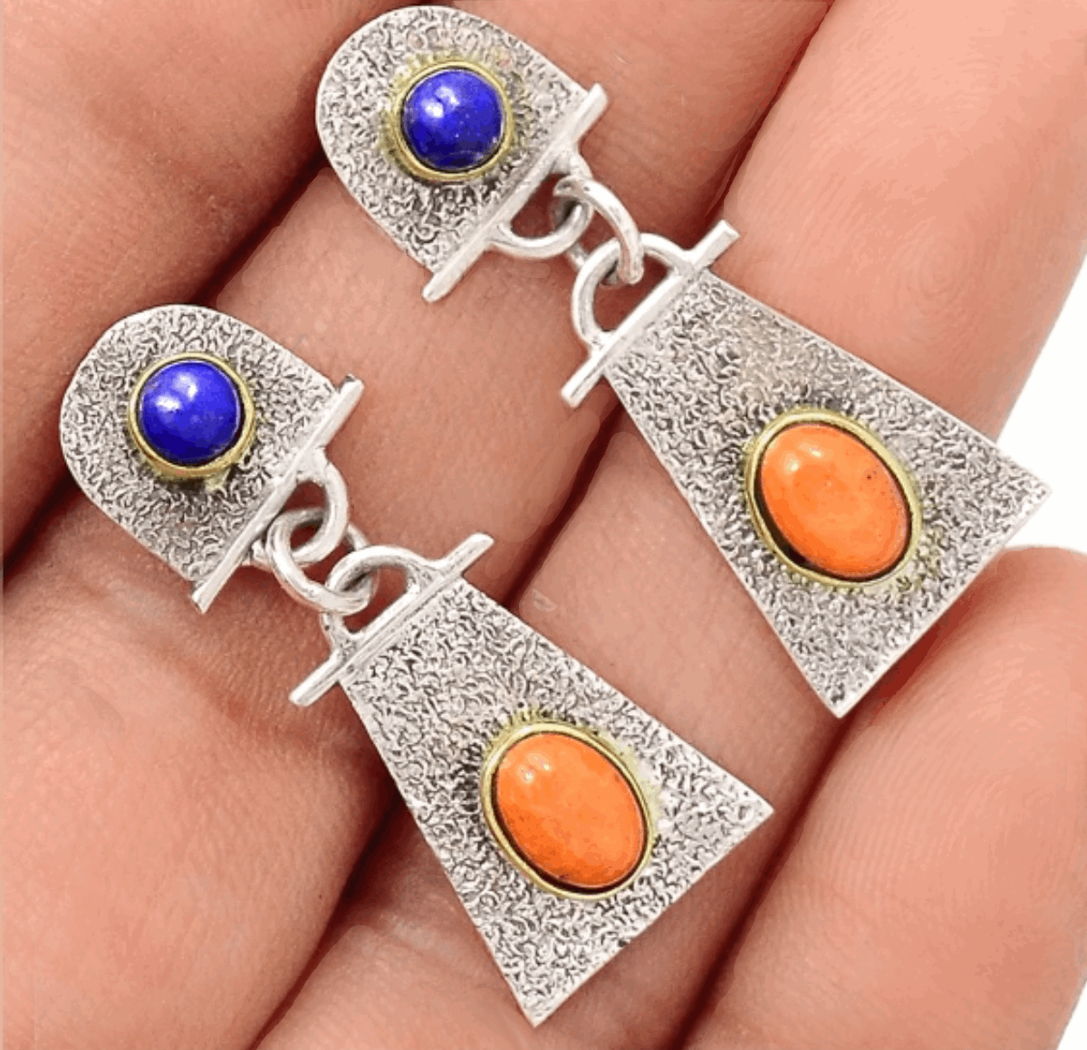 Dainty Natural Italian Coral, Lapis Lazuli Solid .925 Sterling Silver Stud Earrings