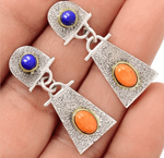 Dainty Natural Italian Coral, Lapis Lazuli Solid .925 Sterling Silver Stud Earrings