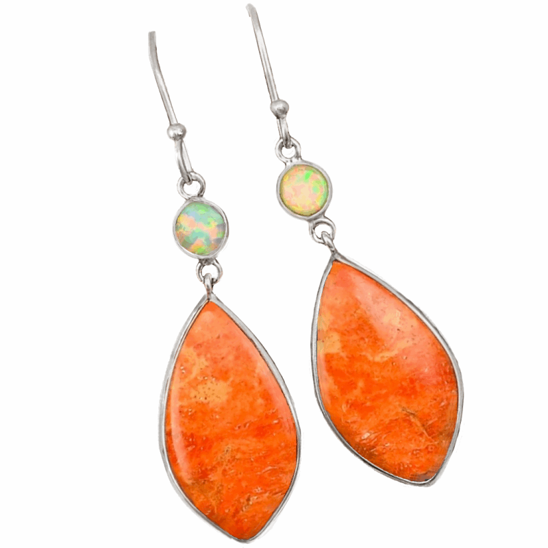 Natural Sponge Coral, Fire Opal Solid .925 Sterling Silver Earrings