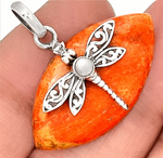 Dragonfly Natural Marquise Cut Coral, Pearl Solid .925 Sterling Silver Pendant