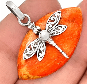 Dragonfly Natural Marquise Cut Coral, Pearl Solid .925 Sterling Silver Pendant