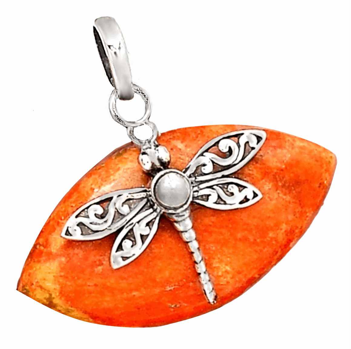 Dragonfly Natural Marquise Cut Coral, Pearl Solid .925 Sterling Silver Pendant