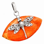 Dragonfly Natural Marquise Cut Coral, Pearl Solid .925 Sterling Silver Pendant